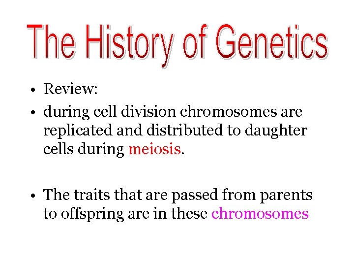  • Review: • during cell division chromosomes are replicated and distributed to daughter