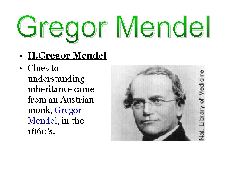  • II. Gregor Mendel • Clues to understanding inheritance came from an Austrian