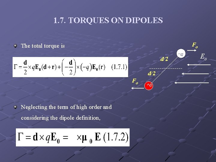 1. 7. TORQUES ON DIPOLES Fo The total torque is d/2 Fo Neglecting the