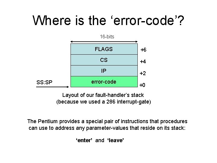 Where is the ‘error-code’? 16 -bits SS: SP FLAGS +6 CS +4 IP +2 Where is the ‘error-code’? 16 -bits SS: SP FLAGS +6 CS +4 IP +2