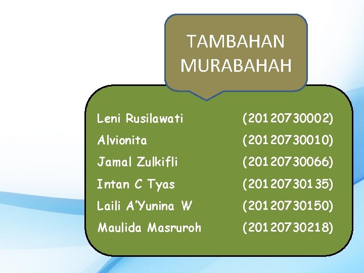 TAMBAHAN MURABAHAH Leni Rusilawati (20120730002) Alvionita (20120730010) Jamal Zulkifli (20120730066) Intan C Tyas (20120730135)