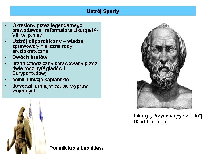 Ustrój Sparty • • • Określony przez legendarnego prawodawcę i reformatora Likurga(IXVIII w. p.