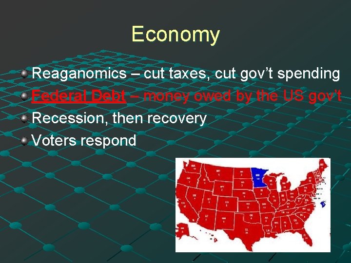 Economy Reaganomics – cut taxes, cut gov’t spending Federal Debt – money owed by