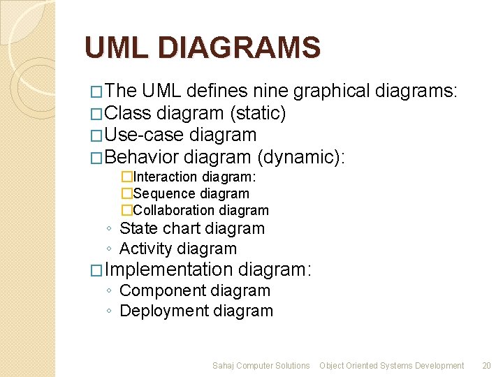 UML DIAGRAMS �The UML defines nine graphical diagrams: �Class diagram (static) �Use-case diagram �Behavior