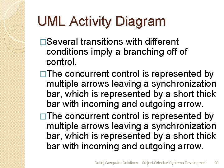 UML Activity Diagram �Several transitions with different conditions imply a branching off of control.