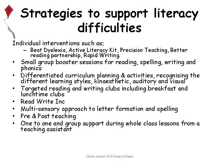 Strategies to support literacy difficulties Individual interventions such as; – Beat Dyslexia, Active Literacy