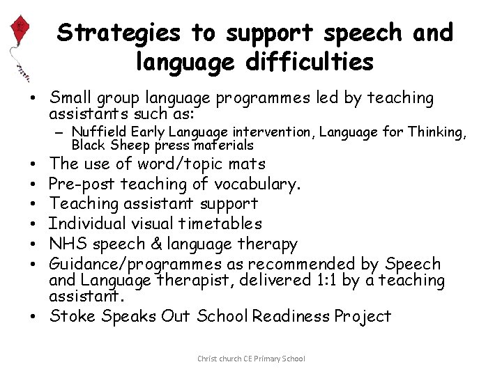 Strategies to support speech and language difficulties • Small group language programmes led by