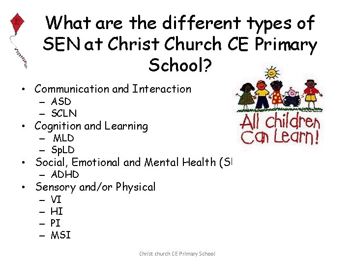 What are the different types of SEN at Christ Church CE Primary School? •