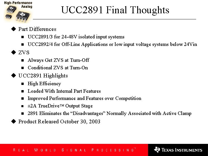 UCC 2891 Final Thoughts u Part Differences n n UCC 2891/3 for 24 -48