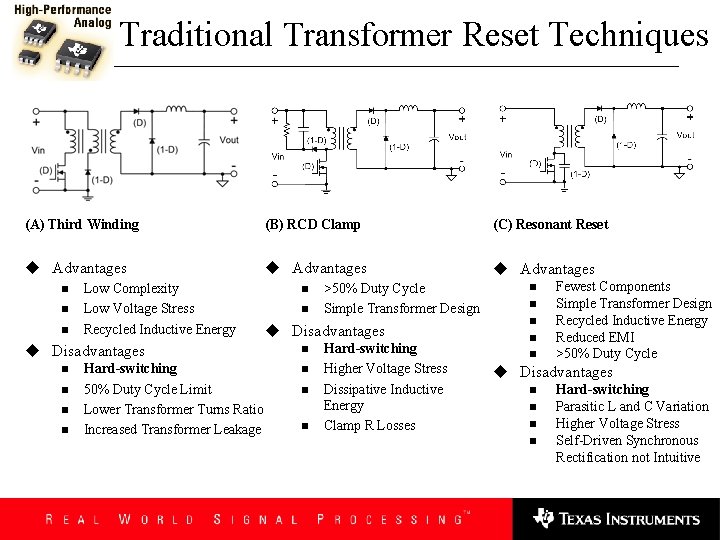 Traditional Transformer Reset Techniques (A) Third Winding (B) RCD Clamp (C) Resonant Reset u