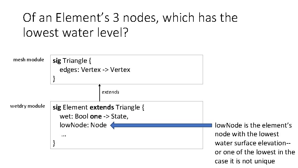 Of an Element’s 3 nodes, which has the lowest water level? mesh module sig