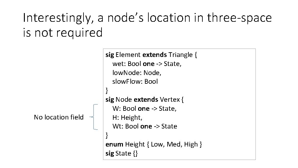 Interestingly, a node’s location in three-space is not required No location field sig Element