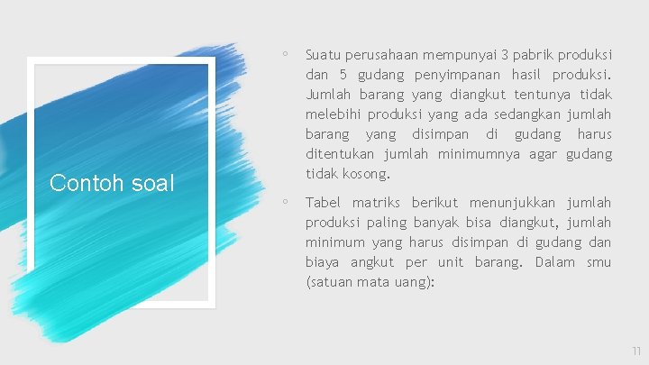 Contoh soal ◦ Suatu perusahaan mempunyai 3 pabrik produksi dan 5 gudang penyimpanan hasil