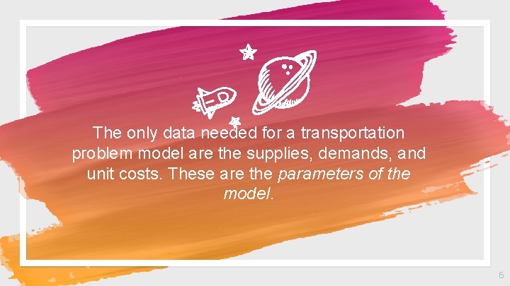The only data needed for a transportation problem model are the supplies, demands, and