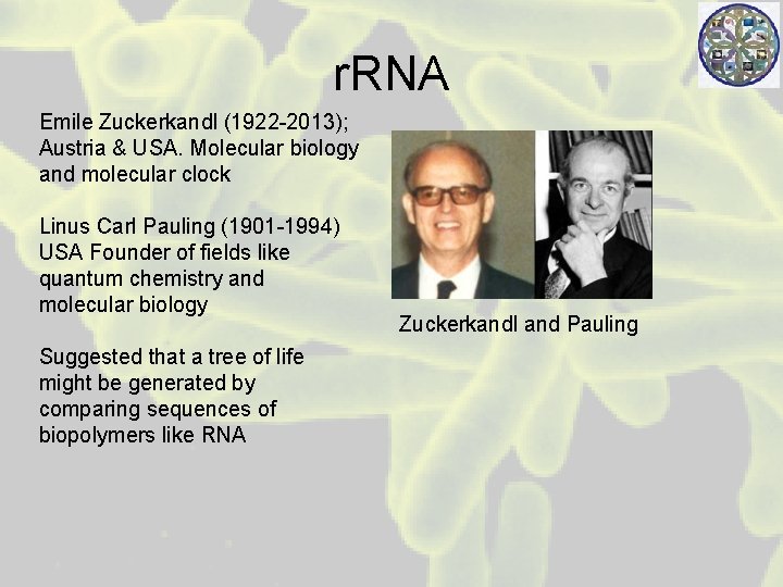 r. RNA Emile Zuckerkandl (1922 -2013); Austria & USA. Molecular biology and molecular clock