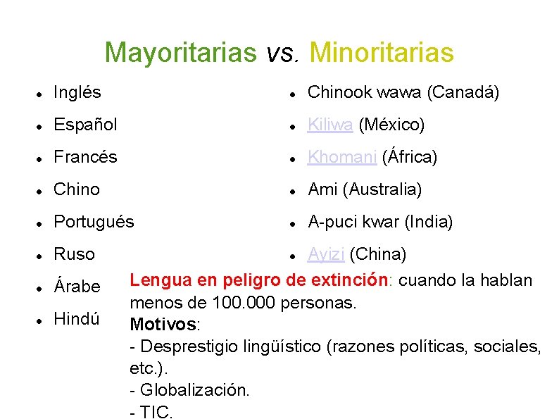 Mayoritarias vs. Minoritarias Inglés Chinook wawa (Canadá) Español Kiliwa (México) Francés Khomani (África) Chino