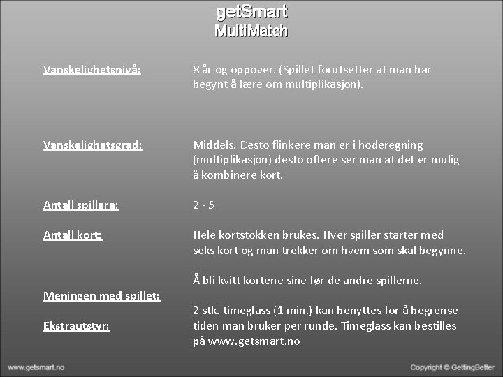 get. Smart Multi. Match Vanskelighetsnivå: 8 år og oppover. (Spillet forutsetter at man har