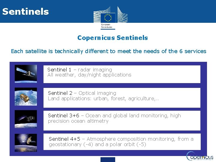 Sentinels Copernicus Sentinels Each satellite is technically different to meet the needs of the