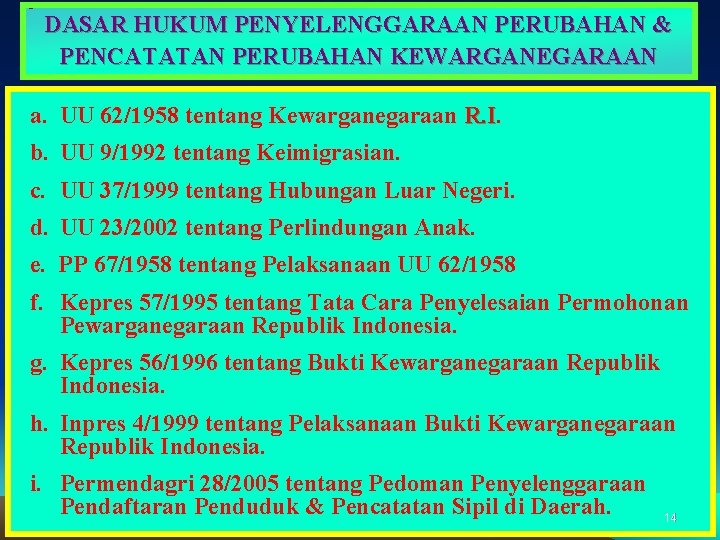 DASAR HUKUM PENYELENGGARAAN PERUBAHAN & PENCATATAN PERUBAHAN KEWARGANEGARAAN a. UU 62/1958 tentang Kewarganegaraan R.