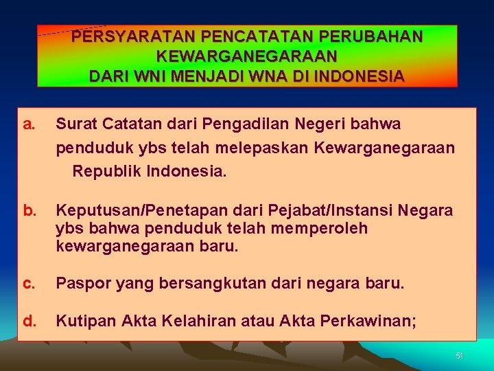 PERSYARATAN PENCATATAN PERUBAHAN KEWARGANEGARAAN DARI WNI MENJADI WNA DI INDONESIA a. Surat Catatan dari