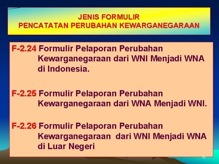 JENIS FORMULIR PENCATATAN PERUBAHAN KEWARGANEGARAAN F-2. 24 Formulir Pelaporan Perubahan Kewarganegaraan dari WNI Menjadi