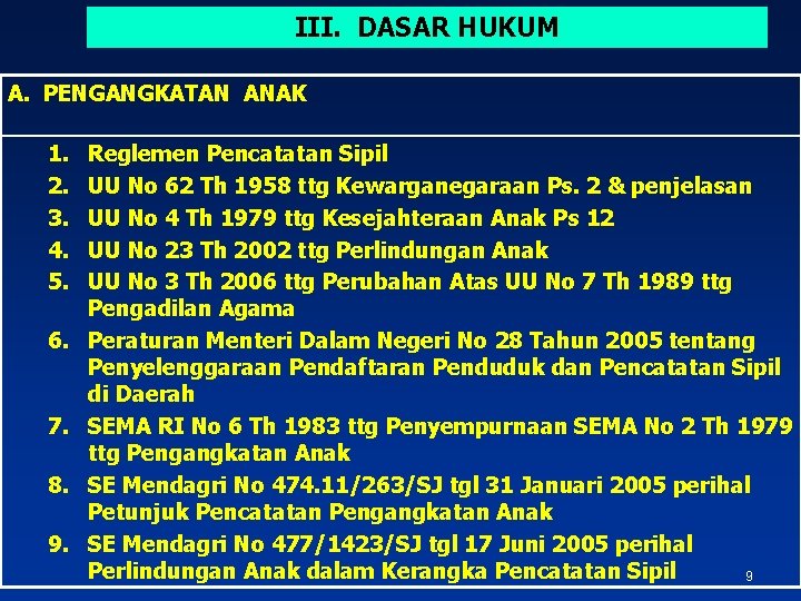 III. DASAR HUKUM A. PENGANGKATAN ANAK 1. 2. 3. 4. 5. 6. 7. 8.