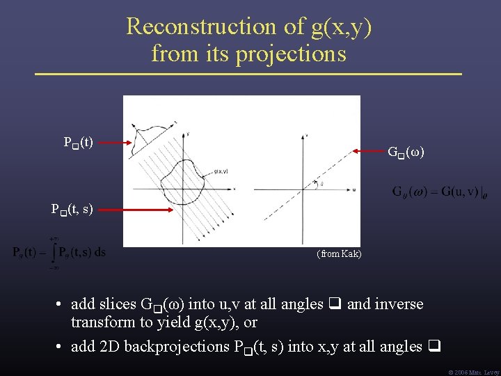 Reconstruction of g(x, y) from its projections P (t) G (ω) P (t, s) Reconstruction of g(x, y) from its projections P (t) G (ω) P (t, s)