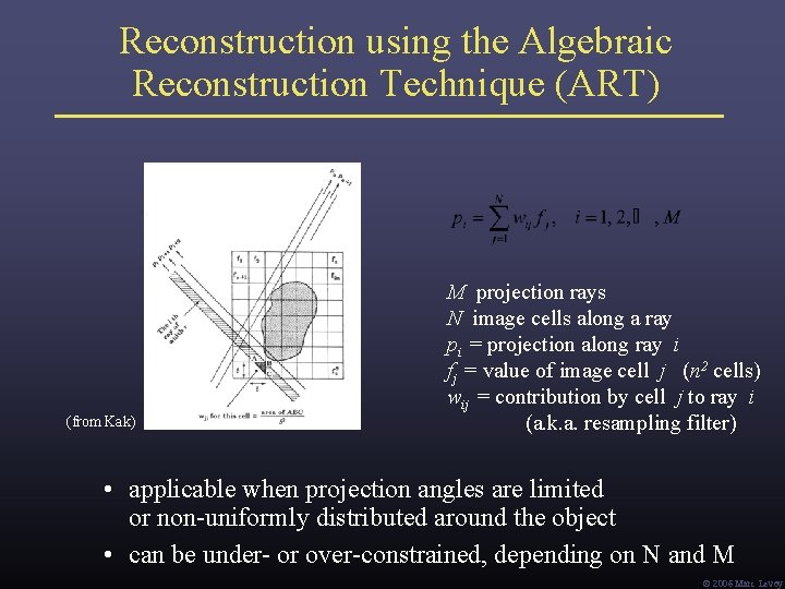 Reconstruction using the Algebraic Reconstruction Technique (ART) (from Kak) M projection rays N image Reconstruction using the Algebraic Reconstruction Technique (ART) (from Kak) M projection rays N image