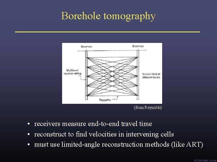 Borehole tomography (from Reynolds) • receivers measure end-to-end travel time • reconstruct to find Borehole tomography (from Reynolds) • receivers measure end-to-end travel time • reconstruct to find