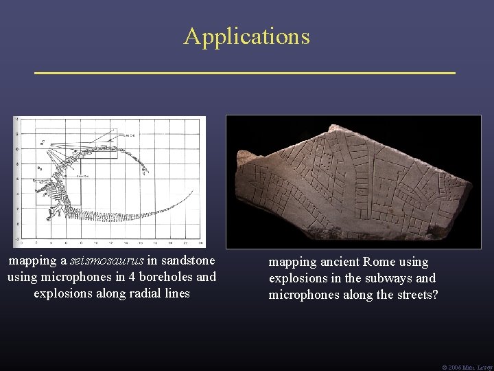 Applications mapping a seismosaurus in sandstone using microphones in 4 boreholes and explosions along Applications mapping a seismosaurus in sandstone using microphones in 4 boreholes and explosions along