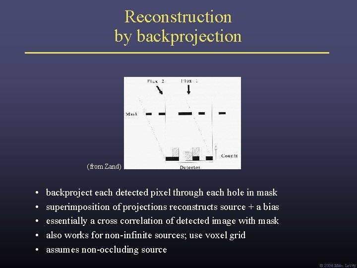 Reconstruction by backprojection (from Zand) • • • backproject each detected pixel through each Reconstruction by backprojection (from Zand) • • • backproject each detected pixel through each