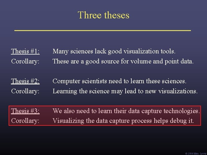 Three theses Thesis #1: Corollary: Many sciences lack good visualization tools. These are a Three theses Thesis #1: Corollary: Many sciences lack good visualization tools. These are a