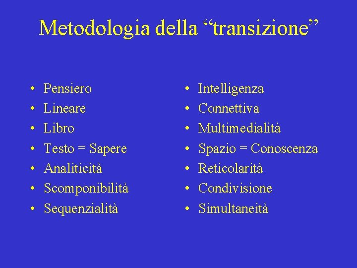 Metodologia della “transizione” • • Pensiero Lineare Libro Testo = Sapere Analiticità Scomponibilità Sequenzialità