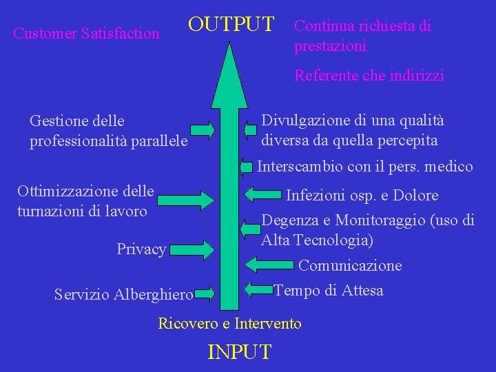 Customer Satisfaction OUTPUT Continua richiesta di prestazioni Referente che indirizzi Gestione delle professionalità parallele