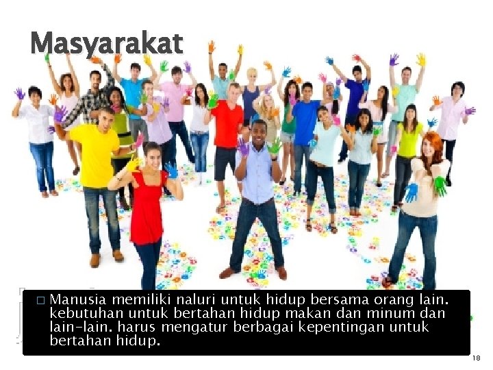 Masyarakat � Manusia memiliki naluri untuk hidup bersama orang lain. kebutuhan untuk bertahan hidup
