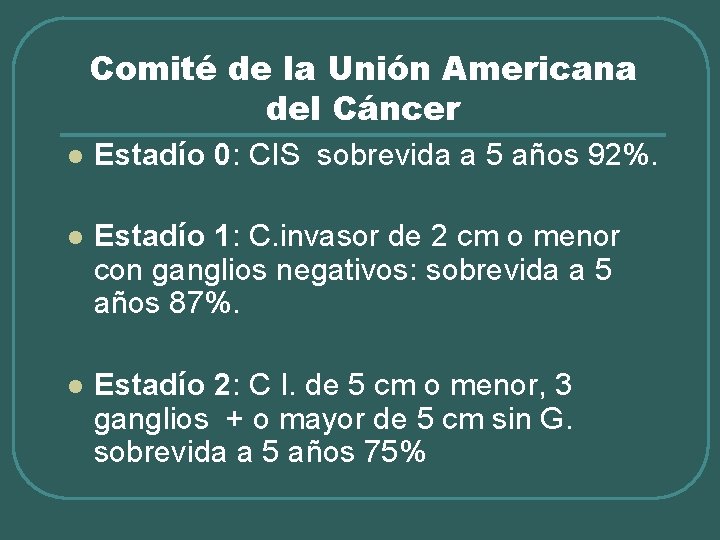 Comité de la Unión Americana del Cáncer l Estadío 0: CIS sobrevida a 5