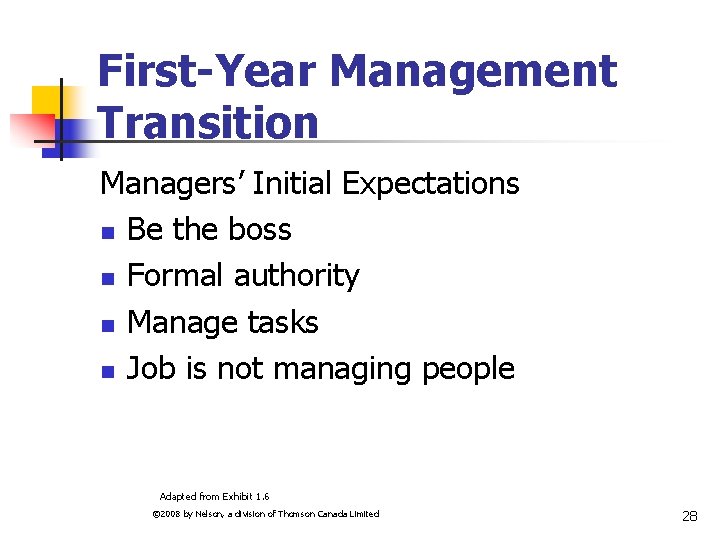 First-Year Management Transition Managers’ Initial Expectations n Be the boss n Formal authority n