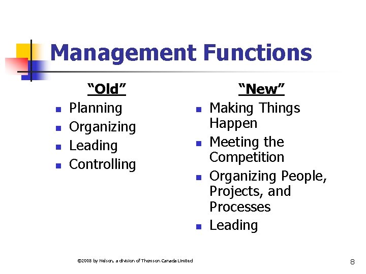 Management Functions n n “Old” Planning Organizing Leading Controlling n n © 2008 by