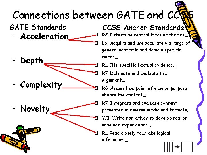 Connections between GATE and CCSS GATE Standards • Acceleration • Depth • Complexity •