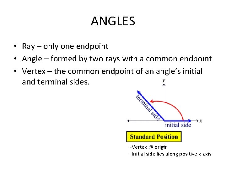 ANGLES • Ray – only one endpoint • Angle – formed by two rays