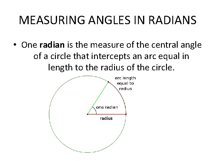 MEASURING ANGLES IN RADIANS • One radian is the measure of the central angle