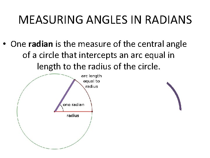 MEASURING ANGLES IN RADIANS • One radian is the measure of the central angle