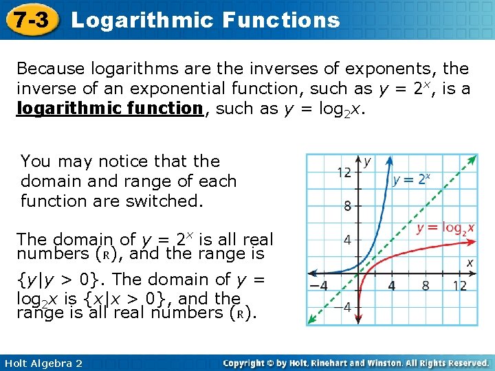 7 -3 Logarithmic Functions Because logarithms are the inverses of exponents, the inverse of