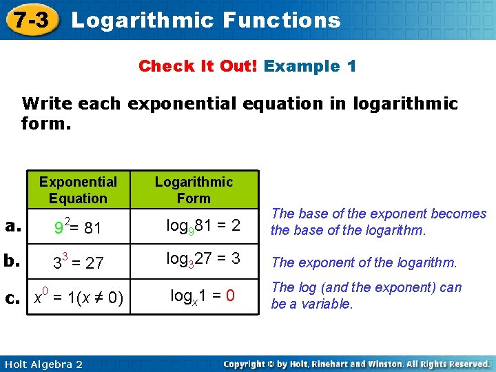 7 -3 Logarithmic Functions Check It Out! Example 1 Write each exponential equation in
