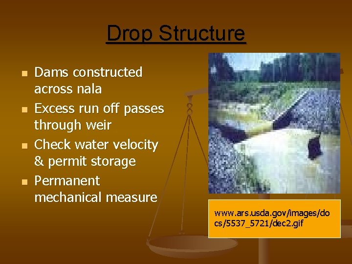 Drop Structure n n Dams constructed across nala Excess run off passes through weir