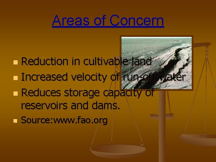 Areas of Concern Reduction in cultivable land n Increased velocity of run-off water n