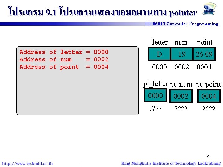 โปรแกรม 9. 1 โปรแกรมแสดงขอมลผานทาง pointer 01006012 Computer Programming letter num Address of letter =