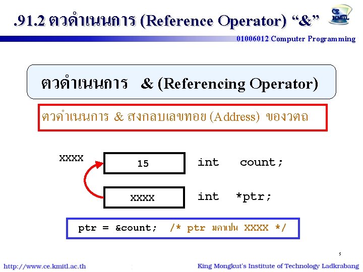 . 91. 2 ตวดำเนนการ (Reference Operator) “&” 01006012 Computer Programming ตวดำเนนการ & (Referencing Operator)