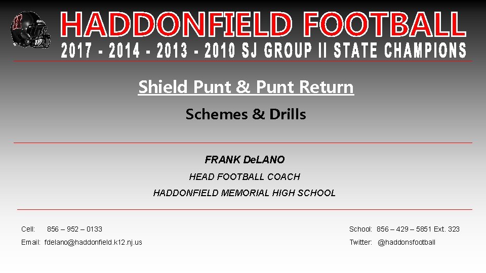 Shield Punt & Punt Return Schemes & Drills FRANK De. LANO HEAD FOOTBALL COACH