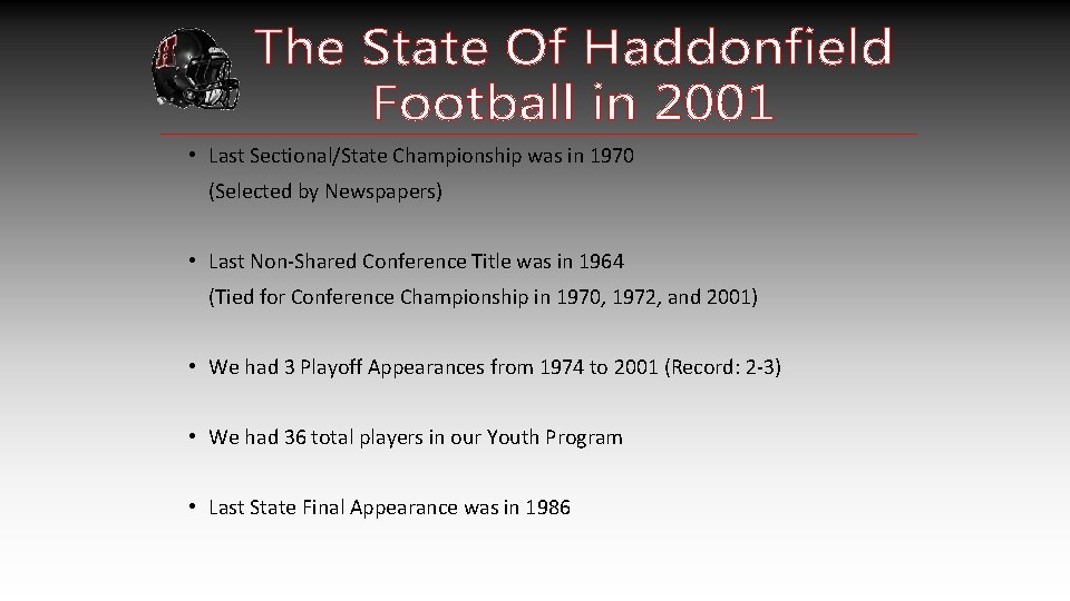  • Last Sectional/State Championship was in 1970 (Selected by Newspapers) • Last Non-Shared